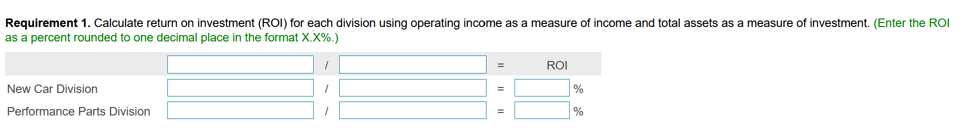 investment. 2. Calculate residual income (RI) for each division using operating income