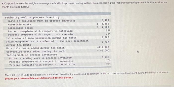 K Corporation uses the weighted-average method in its process costing system. Data