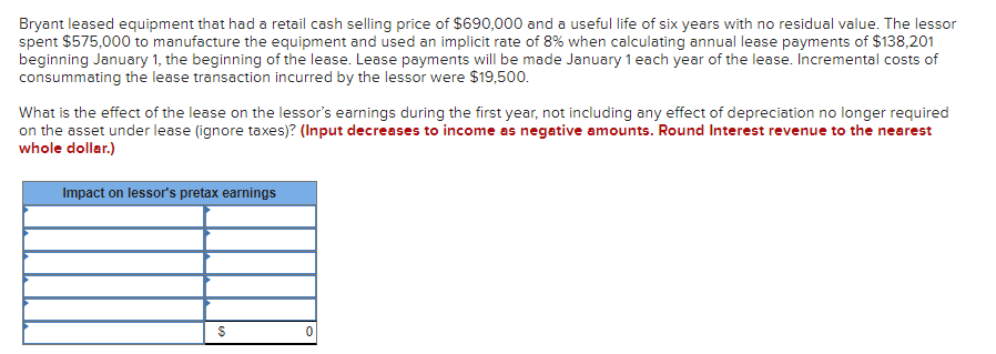Bryant leased equipment that had a retail cash selling price of $690,000