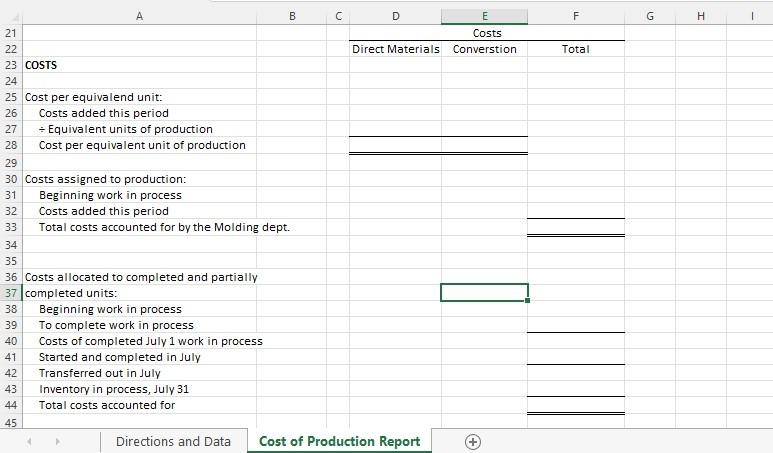 Molding department at Hickory Company. Prepare the Cost of Production Report using