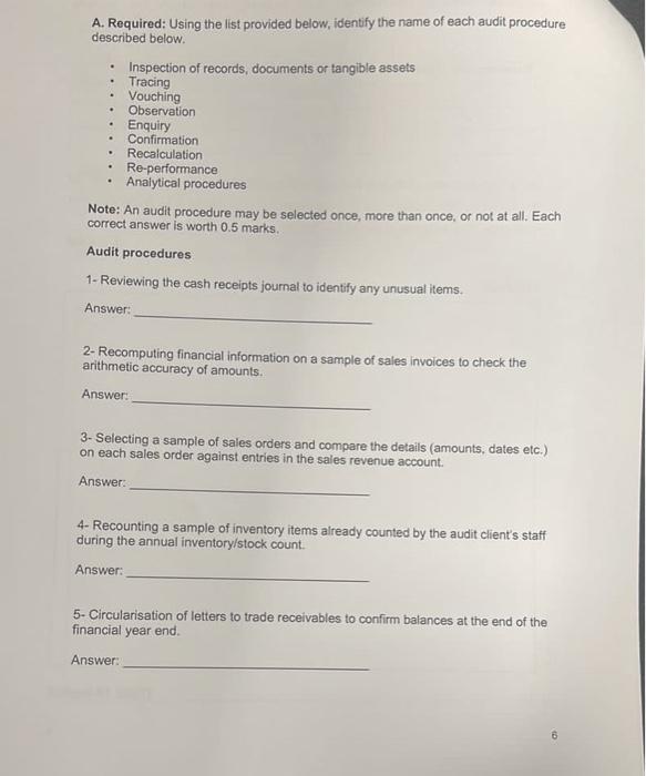 A. Required: Using the list provided below, identify the name of each