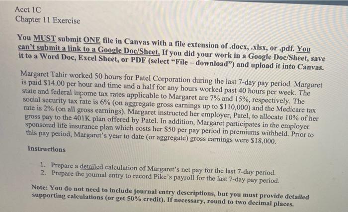 Acct 1C Chapter 11 Exercise You MUST submit ONE file in Canvas