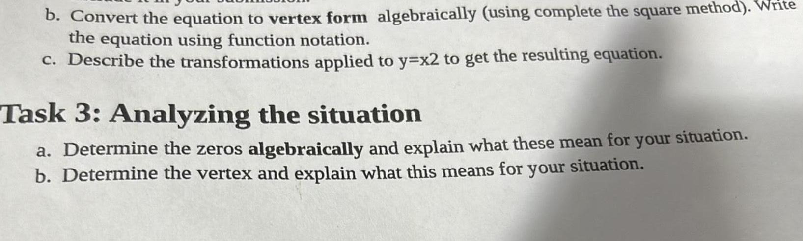 b. Convert the equation to vertex form algebraically (using complete the square