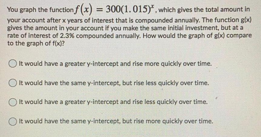 You graph the function f(x) = 300(1.015)*, which gives the total amount