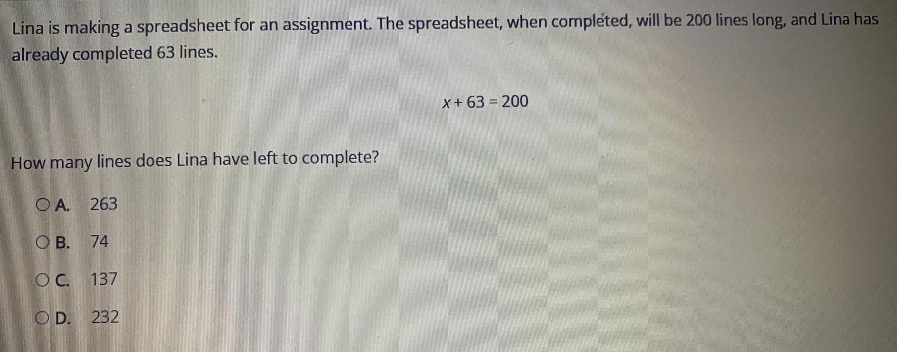 Lina is making a spreadsheet for an assignment. The spreadsheet, when completed,