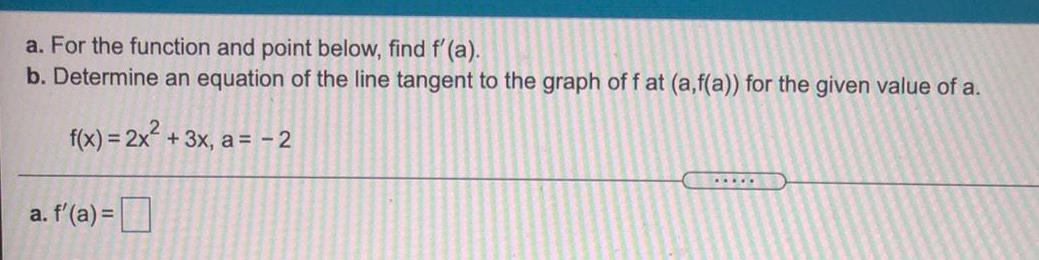 a. For the function and point below, find f'(a). b. Determine an
