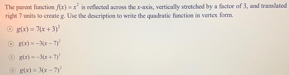 The parent function f(x) = x is reflected across the x-axis, vertically