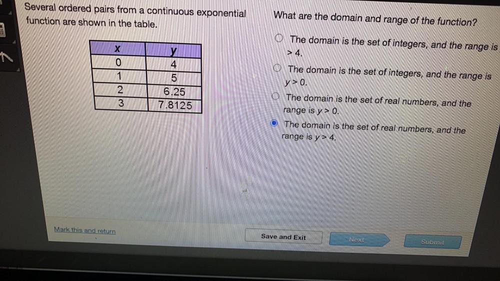 Several ordered pairs from a continuous exponential function are shown in the