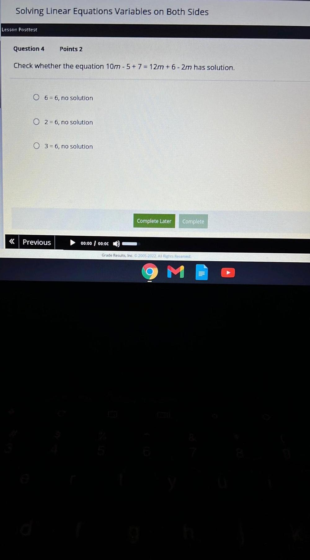 Solving Linear Equations Variables on Both Sides Lesson Posttest Question 4 Points