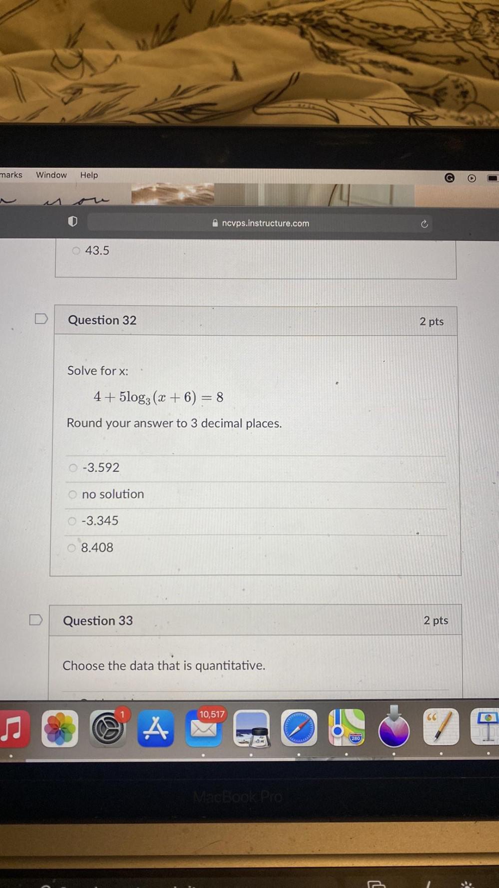 marks Window Help D O 43.5 Question 32 Ancvps.instructure.com Solve for x:
