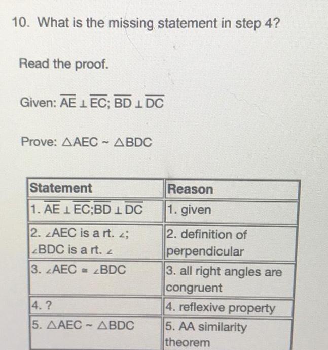 10. What is the missing statement in step 4? Read the proof.