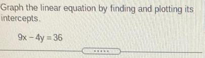 Graph the linear equation by finding and plotting its intercepts. 9x-4y=36