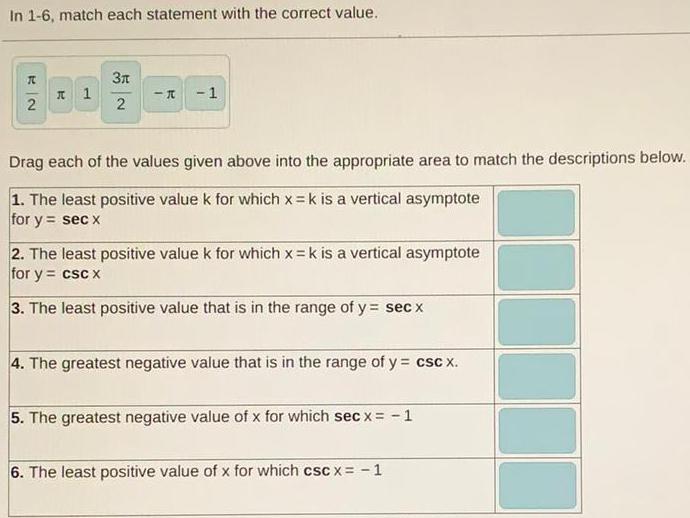 In 1-6, match each statement with the correct value. 72 1 -10