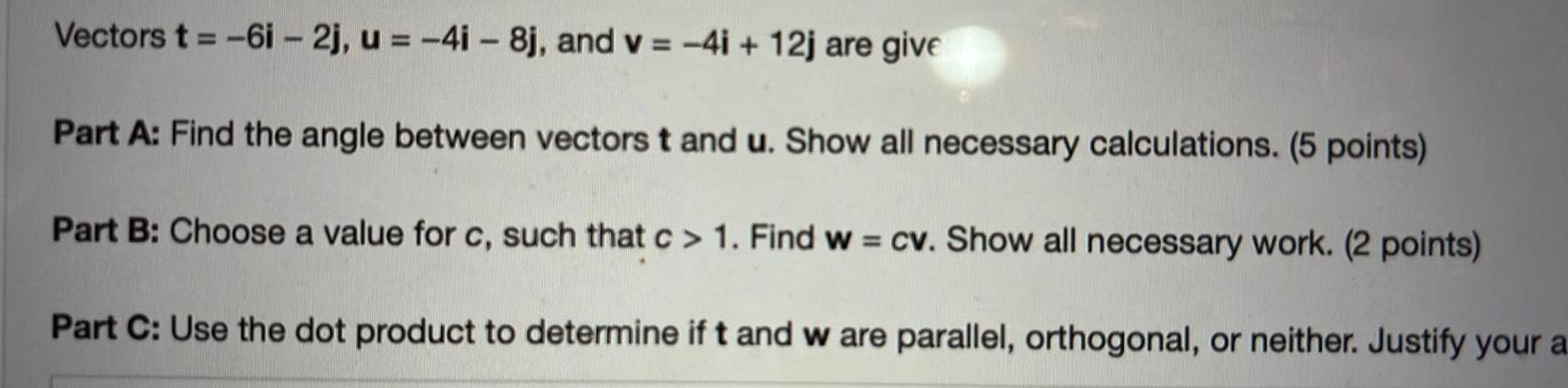Vectors t = -6i - 2j, u = -4i - 8j, and