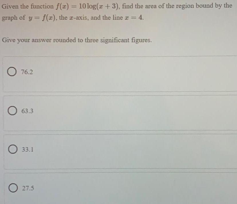 Given the function f(x) = 10 log(x+3), find the area of the
