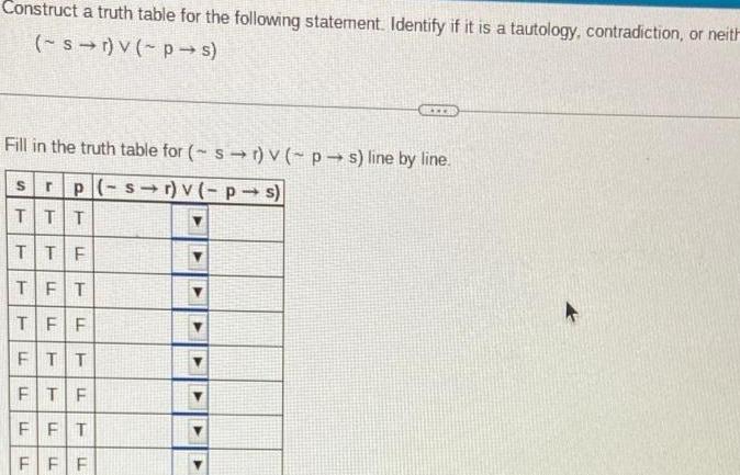 Construct a truth table for the following statement. Identify if it is