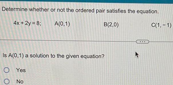  Determine whether or not the ordered pair satisfies the equation 4x