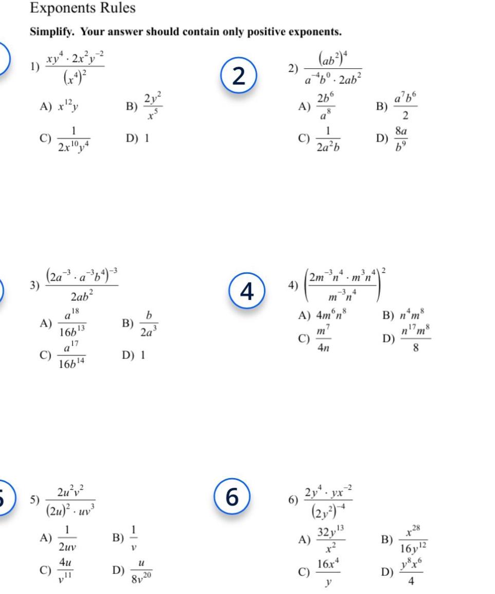 Exponents Rules Simplify Your answer should contain only positive exponents 1