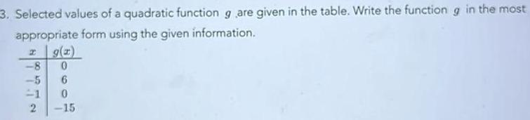  3 Selected values of a quadratic function g are given in