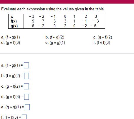  Evaluate each expression using the values given in the table 1