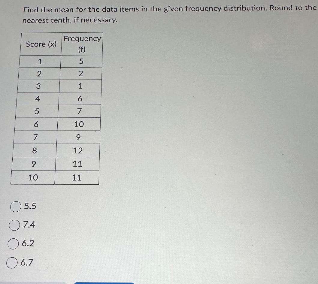  Find the mean for the data items in the given frequency