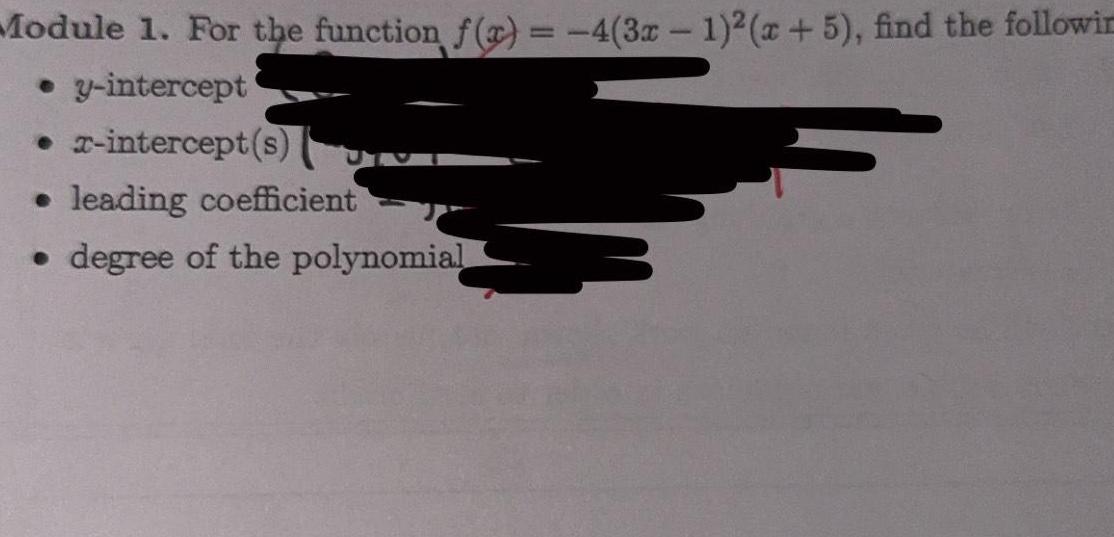 x 5 find the followin y intercept x intercept s leading coefficient