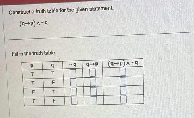 Fill in the truth table P T T F F q T