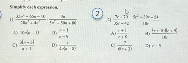 Simplify each expression 35m 65n 10 28n 4n 1 A 10m