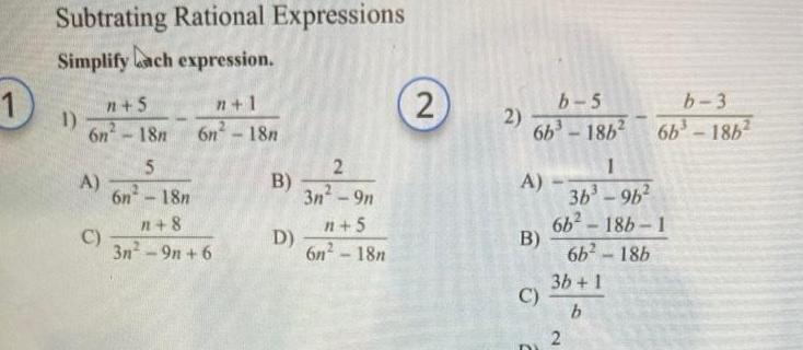  1 Subtrating Rational Expressions Simplifych expression 1 n 5 6n 18n