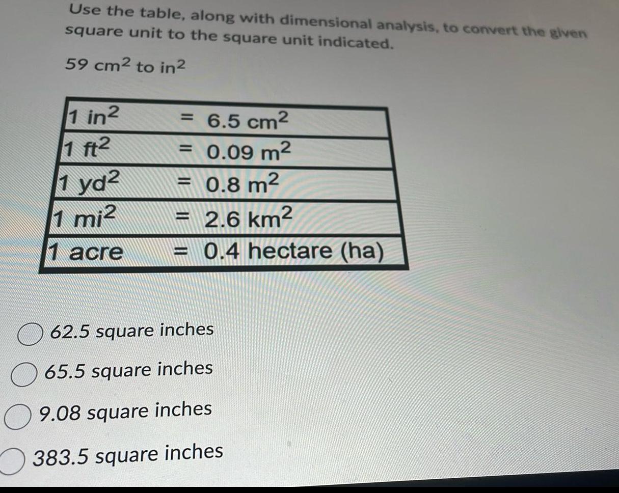square unit to the square unit indicated 59 cm2 to in 1