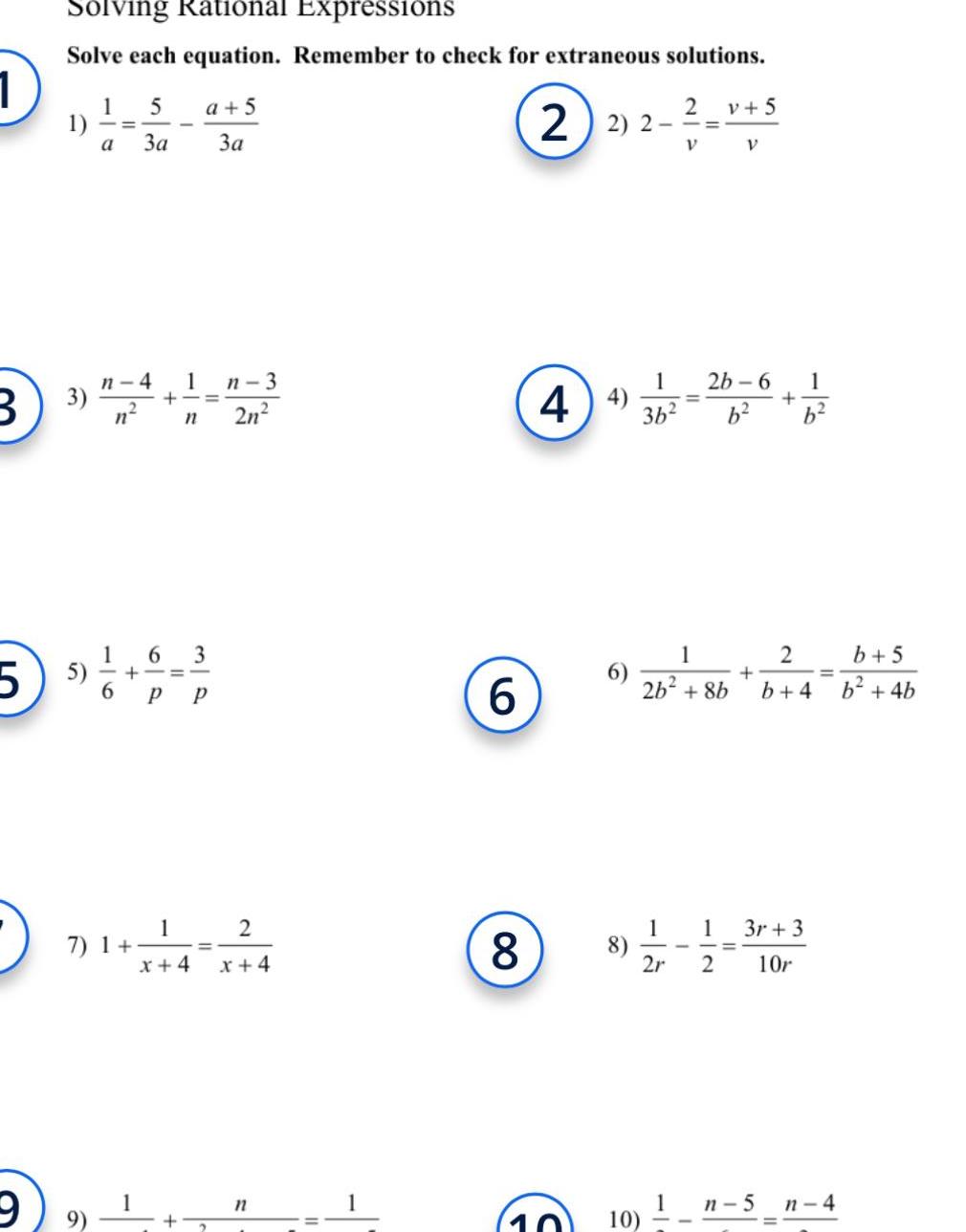 check for extraneous solutions 1 5 1 5 a 3a n 4