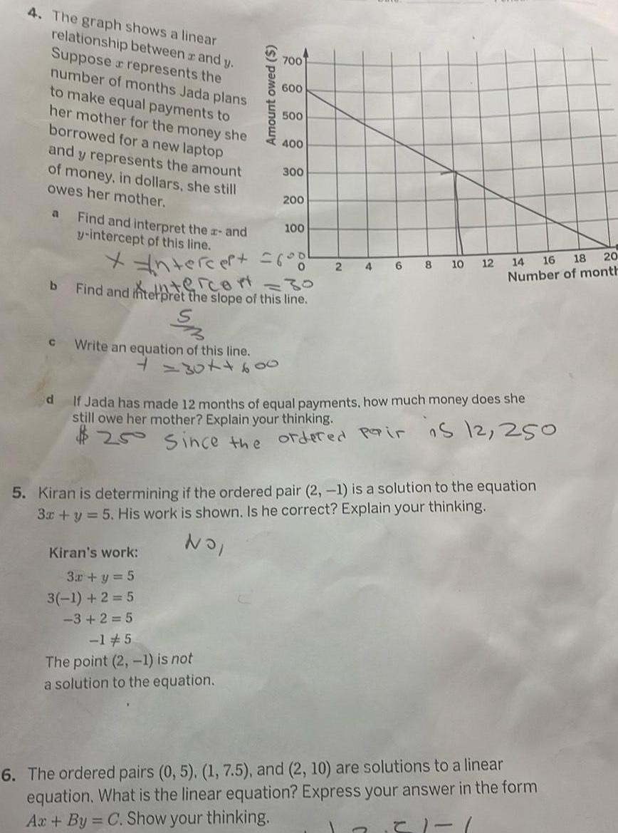  4 The graph shows a linear relationship between and y Suppose