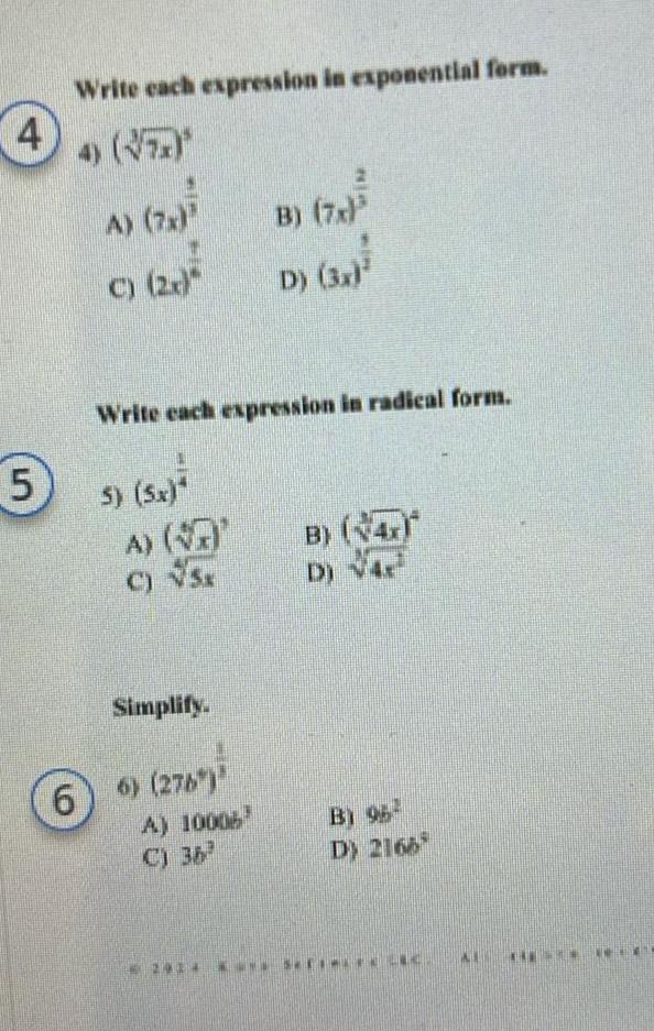 A 7x C 2x Write each expression in radical form 5 5x