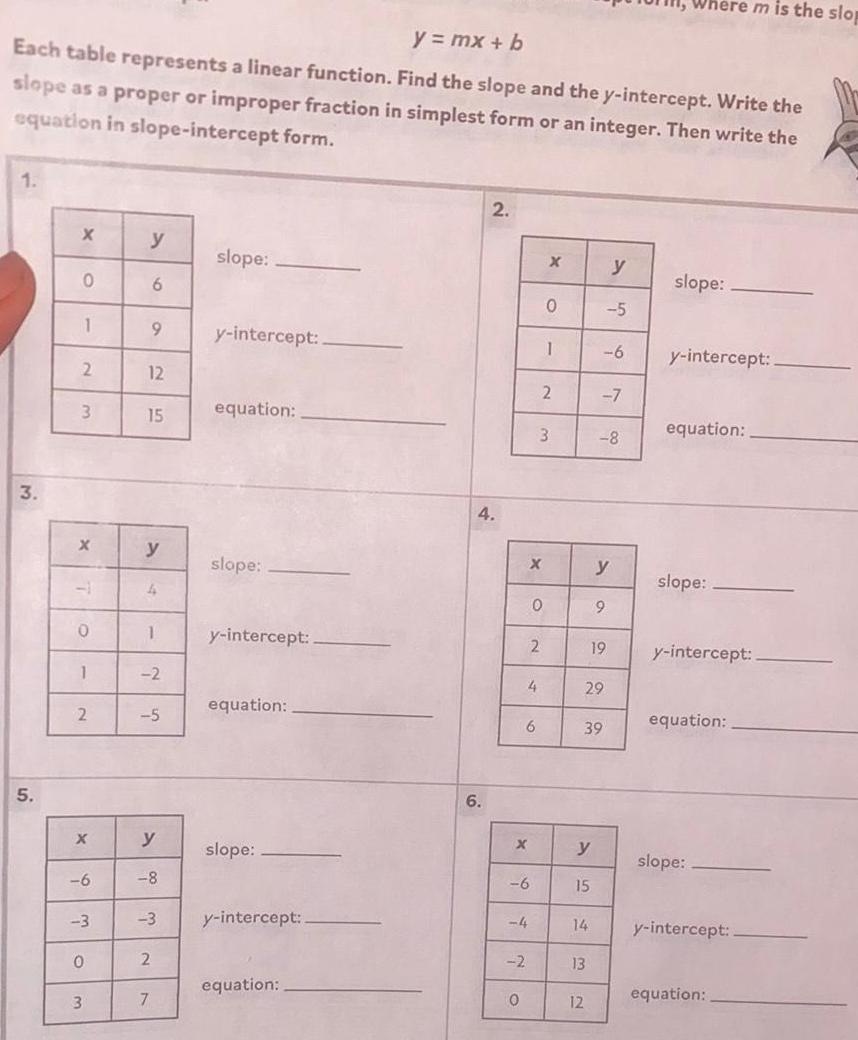 y mx b Each table represents a linear function Find the