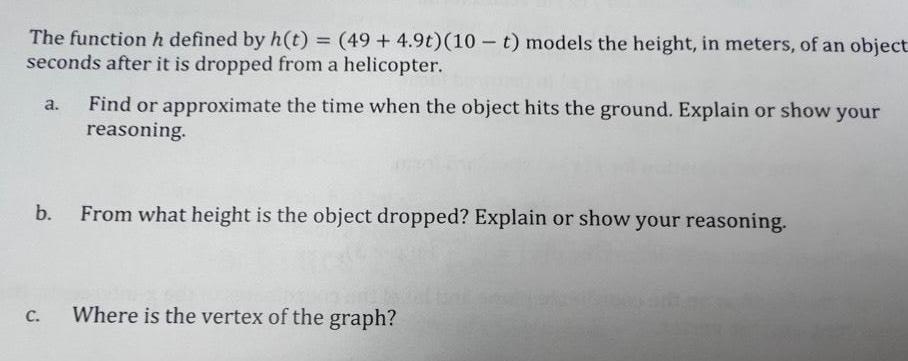 t models the height in meters of an object seconds after it
