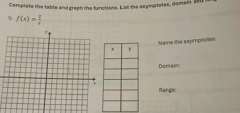 Complete the table and graph the functions List the asymptotes domain