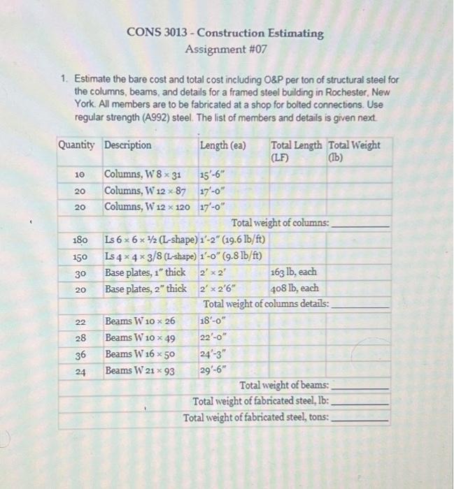 CONS 3013 - Construction Estimating Assignment \#07 1. Estimate the bare