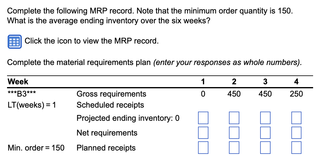 Complete the following MRP record. Note that the minimum order quantity