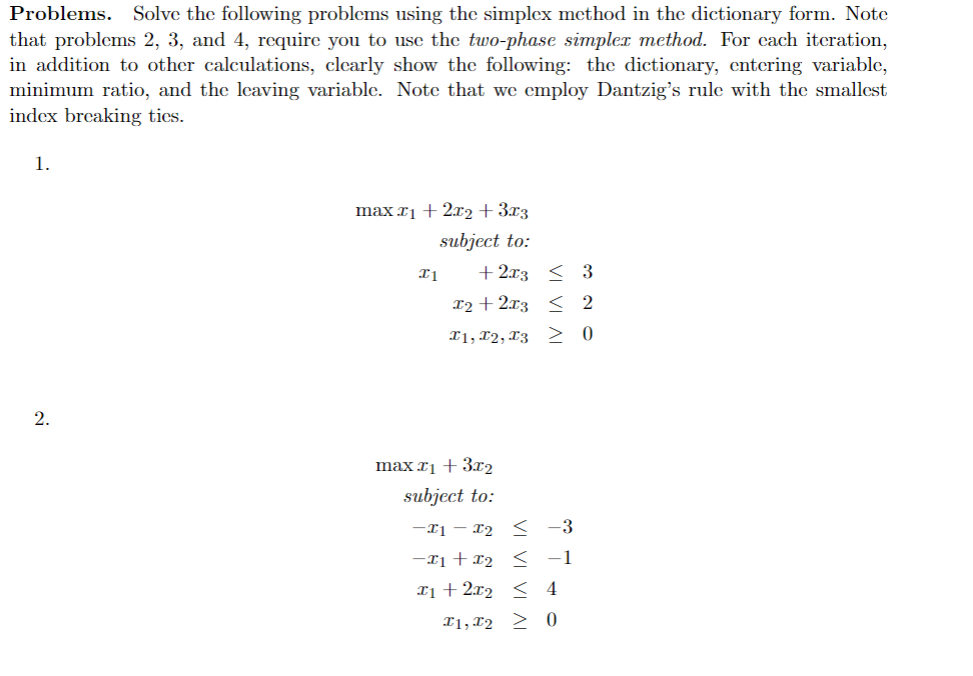  s. Solve the following problems using the simplex method in the