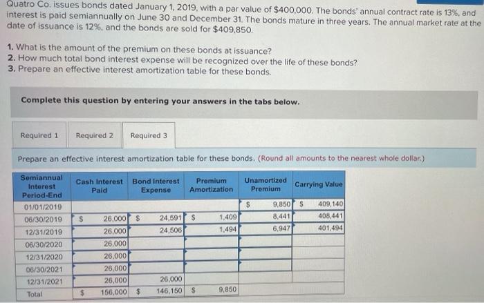 Quatro Co. issues bonds dated January 1, 2019, with a par