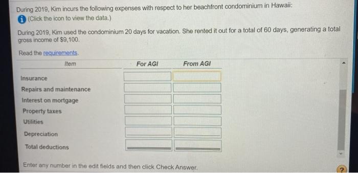 following expenses with respect to her beachfront condominium in Hawaii: (Click the