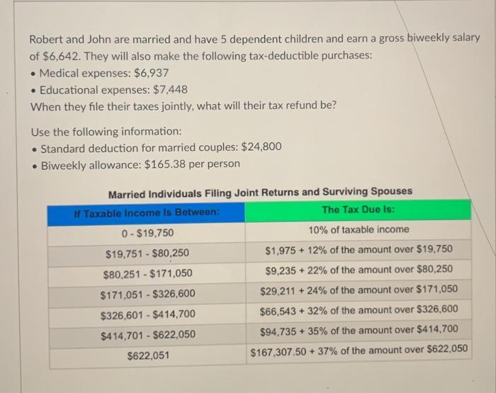 following tax-deductible purchases: Medical expenses: $6,937 Educational expenses: $7,448 When they file