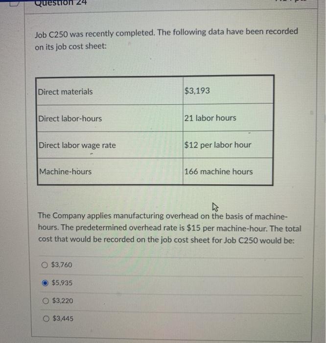 been recorded on its job cost sheet: Direct materials $3,193 Direct labor-hours