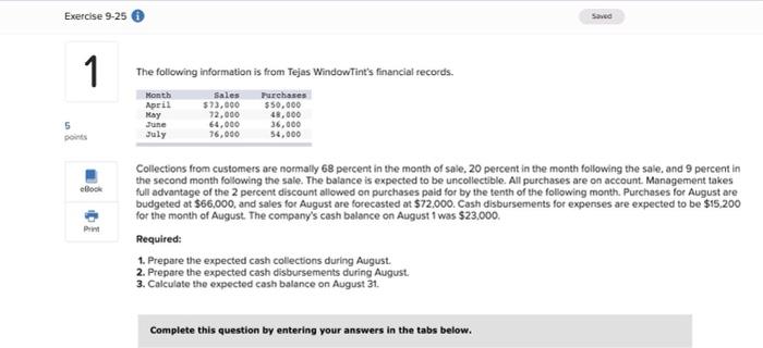 Exercise 9-25 1 The following information is from Tejas WindowTint's financial
