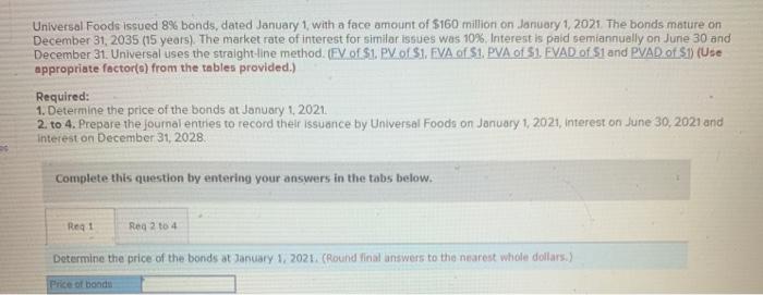 Universal Foods issued 8% bonds, dated January 1, with a face