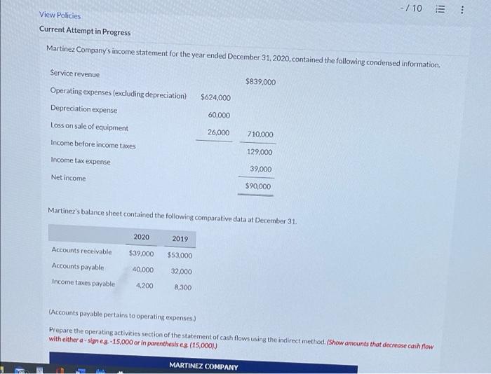 View Policies -/10 E Current Attempt in Progress Martinez Company's income
