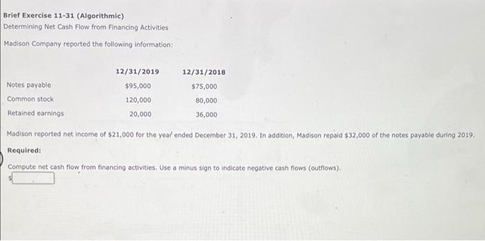  Brief Exercise 11-31 (Algorithmic) Determining Net Cash Flow from Financing Activities