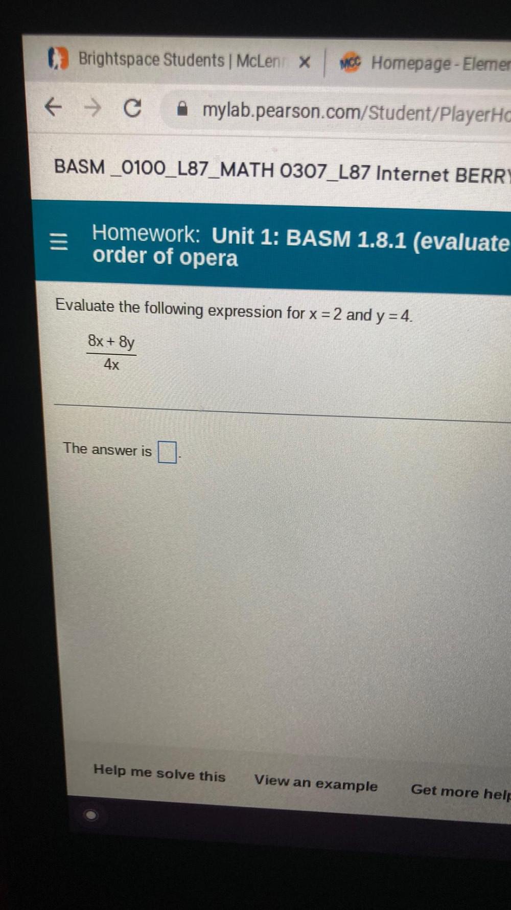 BERR Homework: Unit 1: BASM 1.8.1 (evaluate order of opera Evaluate the