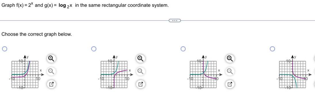 Graph f(x) = 2x and g(x) = log 2x Choose the correct