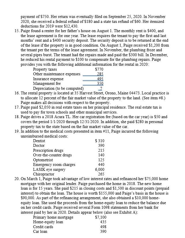 Required: Use the following information to complete Paige Turner's 2020 federal income